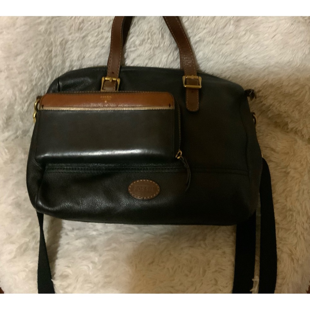 Fossil Black Pebbled Leather Brown Straps Crossbody Handbag Satchel 12x9.5x4”